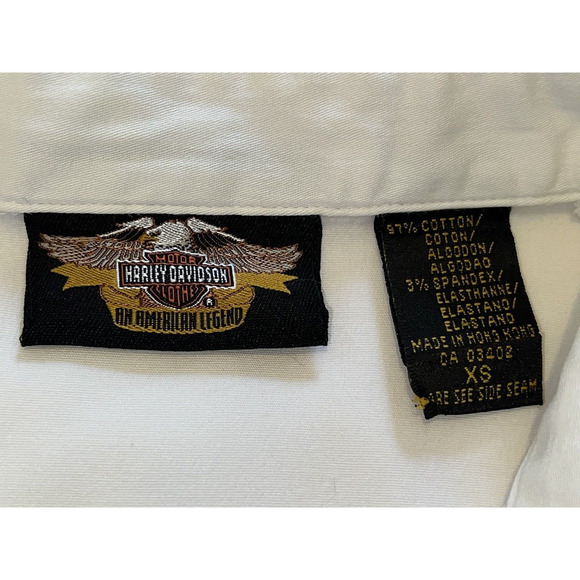 Harley Davidson Short Sleeve Stretchy Top Button Collared Shirt White Red Sz XS - Picture 6 of 6